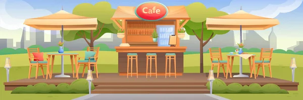 Sommercafé mit Terrasse im Freien Hintergrundszene. Draußen Restaurant mit Tischen unter Sonnenschirmen, Stühlen, Theke mit Kühlschrank und Menüvektorillustration. Horizontales Panorama — Stockvektor