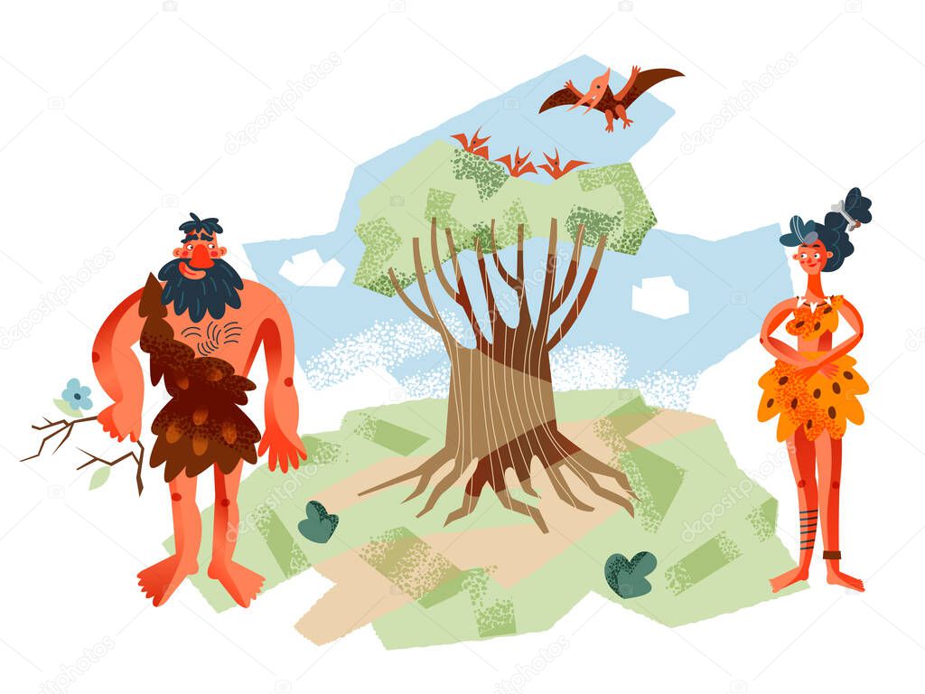 Cavemen in nature in Stone Age. Prehistoric ancient history vector illustration. Happy man and woman collecting branches and food. Savage people outdoor in summer near tree