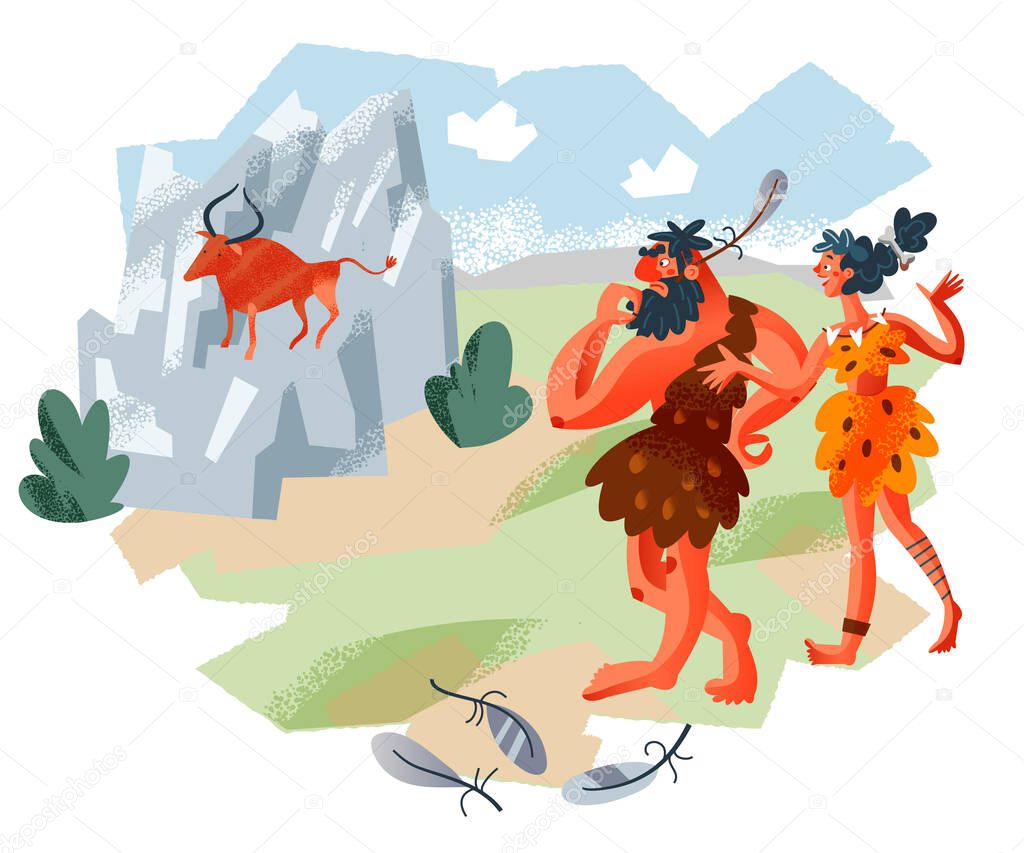 Cavemen looking at painting on rock in Stone Age. Prehistoric ancient history vector illustration. Happy man and woman standing in nature. Savage people outdoor in summer near drawing of bull