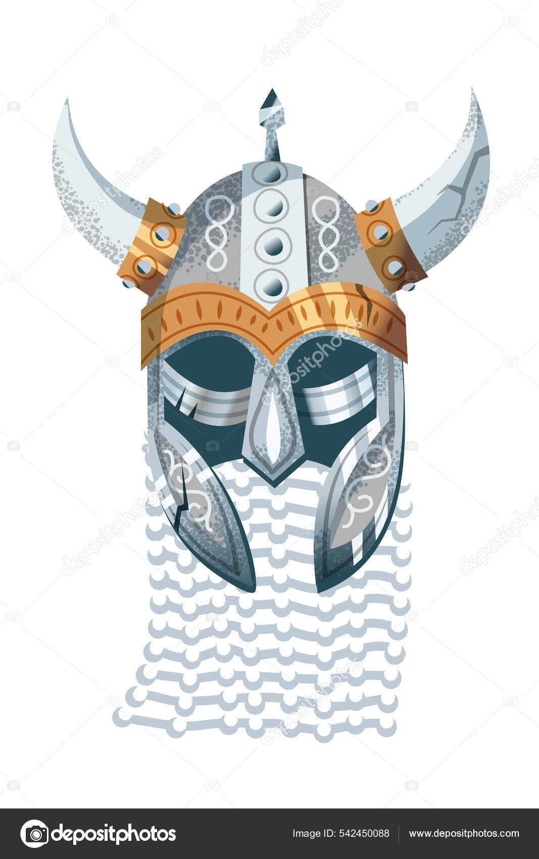 Vikingehjelm. Middelalderlige Norge rustning af mennesker til beskyttelse  vektor illustration. Sølv og gylden jagerhat med horn og dekorative  elementer isoleret på hvid baggrund Stockvektor af ©ClassicVector 542450088, image size:1067x1700