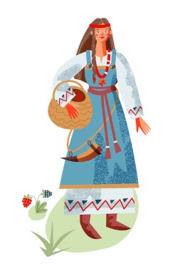 Sepeti böğürtlen dolu Viking kadın. Ortaçağ Norveç halkı ve mitoloji vektör illüstrasyonu. Beyaz arka planda duran ve elinde sepeti tutan genç bir kız.