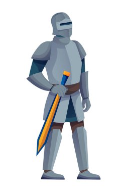 Zırhlı Ortaçağ Şövalyesi. Savaşçı Orta Çağ 'da kılıçla ayakta duruyor. Dönem vektör çizimi. Beyaz arka planda izole edilmiş silahlı cesur bir adam.