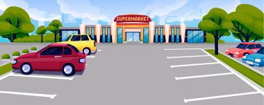 Süpermarketin arka planına yakın bir otopark. Yolda işaretli araçlar için yer, market alışverişi vektör illüstrasyonları için depolama yeri. Ağaçlı ve arabalı açık hava manzarası