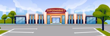 Süpermarketin arka planına yakın bir otopark. Yolda işaretli araçlar için yer, market alışverişi vektör illüstrasyonları için depolama yeri. Ağaçlı ve binalı açık hava manzarası