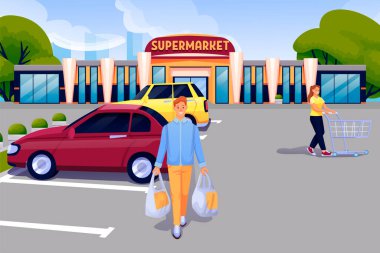 Süpermarketin yakınındaki otoparkta. Elinde poşetlerle market alışverişi yapan genç bir adam, elinde boş araba çizimi olan bir kadın. Arabaları ve dükkanları olan yatay bir manzara.