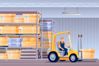 Forklifter çekici çizgi film karakteri işçisi. Tamirciler karton kutuları yüklüyor. Depo çalışanı forkliftçi profesyonel ekipman kullanıyor. Dağıtım, lojistik, sevkiyat izole edilmiş..