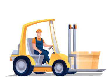 Forklifter çekici çizgi film karakteri işçisi. Tamirciler karton kutuları yüklüyor. Depo çalışanı forkliftçi profesyonel ekipman kullanıyor. Dağıtım, lojistik, sevkiyat izole edilmiş..