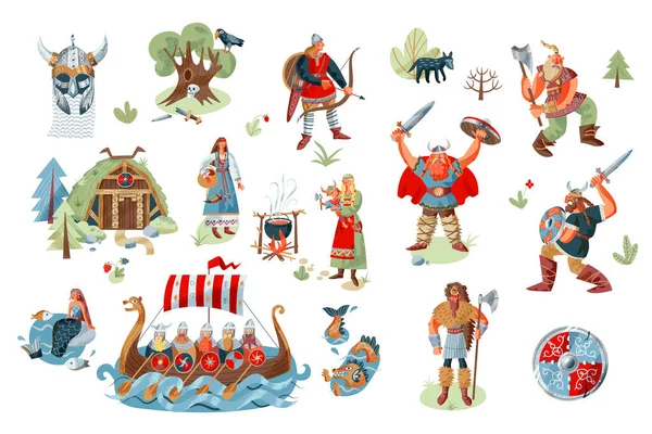 Personagens e objetos vikings definidos. Pessoas da Noruega medieval e mitologia ilustração vetorial. Navio com guerreiros, mulheres, homens com espadas nórdicas, casa, elementos de fantasia em fundo branco — Vetor de Stock