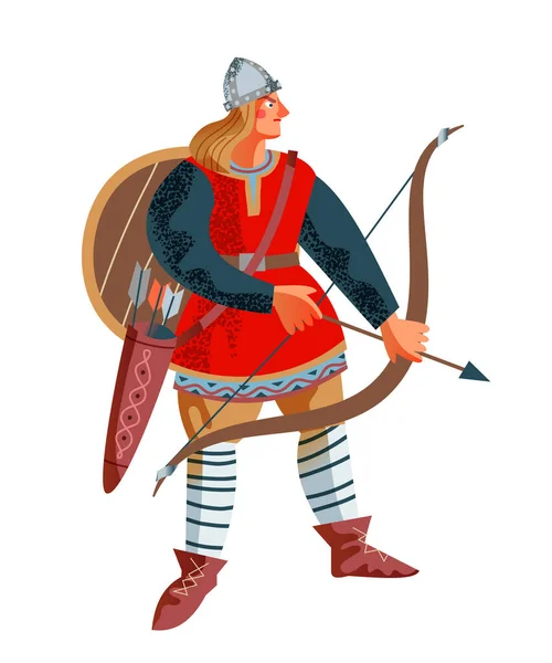 Arqueiro Viking com arco e flecha. Pessoas da Noruega medieval e mitologia ilustração vetorial. Jovem homem zangado de pé e lutando atirando flechas isoladas no fundo branco — Vetor de Stock
