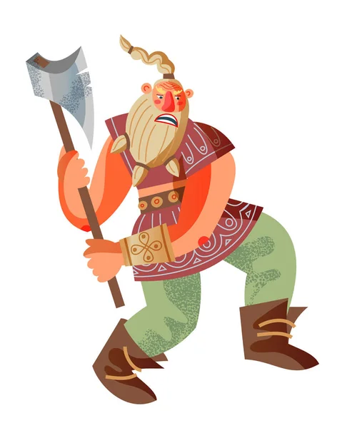 Homme viking avec hache. Le peuple médiéval norvégien et la mythologie illustration vectorielle. Homme effrayant en colère avec la barbe debout et se battant, tenant l'arme isolée sur fond blanc — Image vectorielle