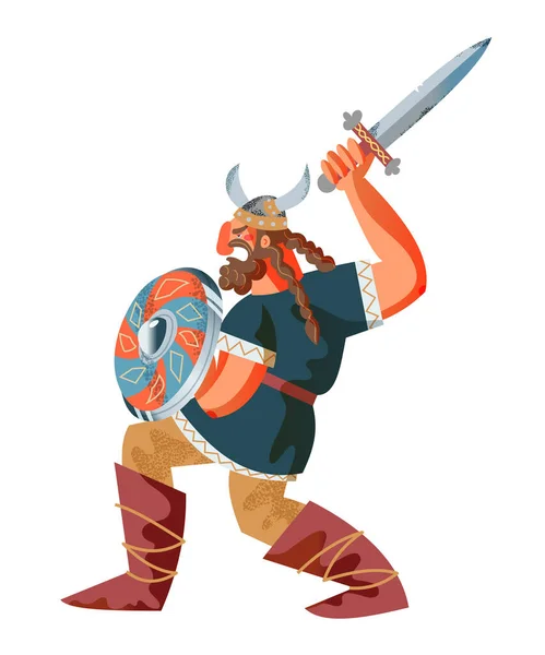 Homme viking avec épée et bouclier combattant. Le peuple médiéval norvégien et la mythologie illustration vectorielle. Homme effrayant en colère avec barbe et casque tenant arme isolé sur fond blanc — Image vectorielle