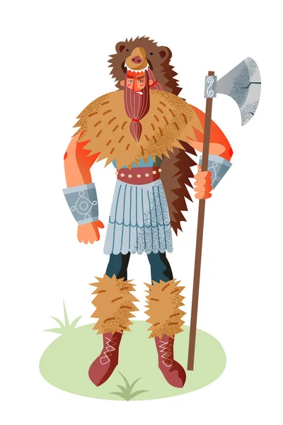 Homem viking com arma na pele de urso. Pessoas da Noruega medieval e mitologia ilustração vetorial. Irritado assustador homem com barba de pé e segurando arma isolada no fundo branco — Vetor de Stock