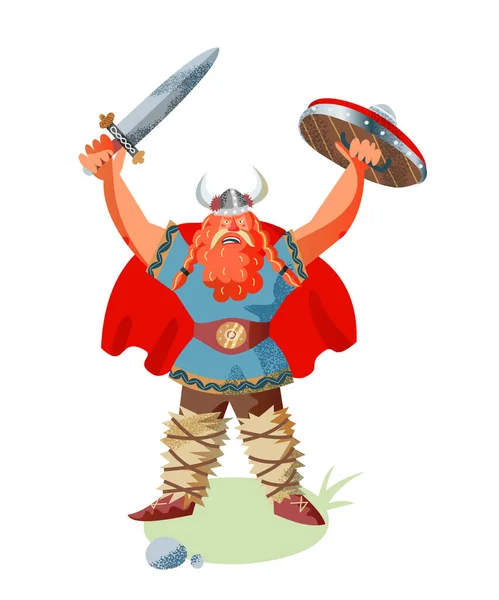 Viking man with sword and shield winning. Medieval Norway people and mythology vector illustration. Angry scary man with beard and helmet holding weapon in victory isolated on white background — Stock Vector