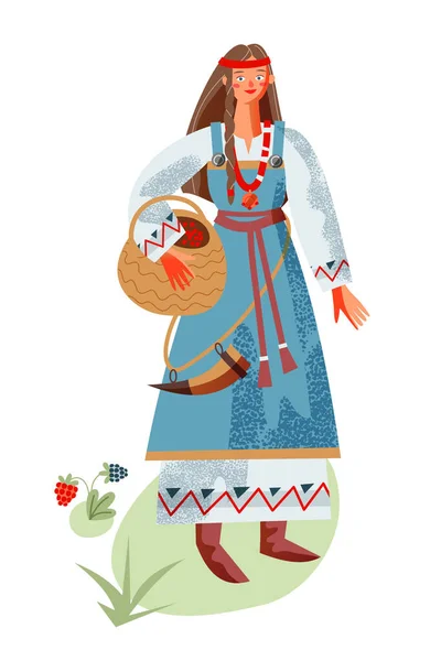 Viking woman with basket full of berries. Medieval Norway people and mythology vector illustration. Young girl standing and holding basket in hand isolated on white background — Stock Vector