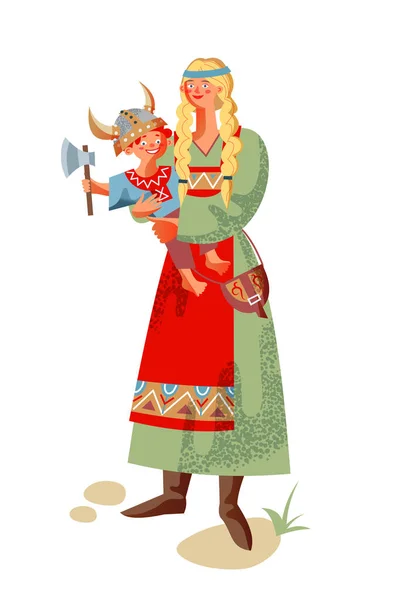 Mulher viking com filho. Pessoas da Noruega medieval e mitologia ilustração vetorial. Jovem mãe com criança feliz em pé e segurando machado na mão isolado no fundo branco — Vetor de Stock