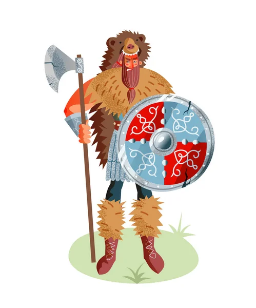 Homem viking com arma e escudo na pele de urso. Pessoas da Noruega medieval e mitologia ilustração vetorial. Irritado assustador homem com barba de pé e segurando arma isolada no fundo branco — Vetor de Stock