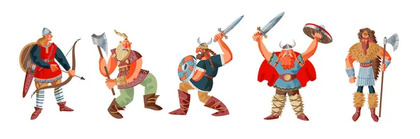 Des Vikings armés. Norvège médiévale personnes combattant l'illustration vectorielle. Hommes en colère avec des flèches, arc, hache, épée, bouclier et en armure debout isolé sur fond blanc — Image vectorielle