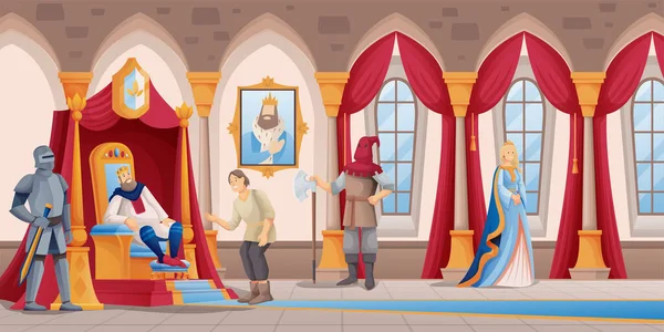 Gente real en la escena del castillo. Rey sentado en el trono, reina caminando, verdugo con hacha, caballero con espada en ilustración vectorial reino. Sala de diseño de interiores, vista horizontal — Vector de stock