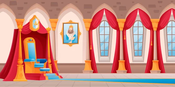 Kastélyszoba trónháttérrel. Királyi királyság terem szőnyeggel, üléssel, ablakokkal, függönyökkel, képvektoros királlyal illusztrálva. Belső kialakítás, vízszintes nézet — Stock Vector