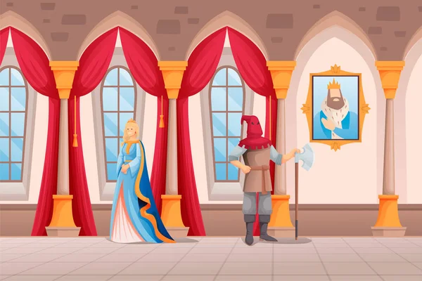 Королевские люди в замке. Королева в короне и в одежде ходит, палач стоит с топором на векторной иллюстрации царства. Дизайн интерьера зала, горизонтальный вид — стоковый вектор