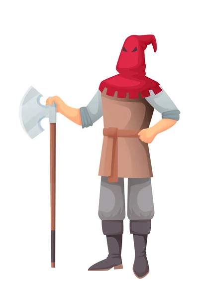 Средневековый палач с топором. Висельник, стоящий с оружием в средневековой векторной иллюстрации. Человек в капюшоне готов к исполнению на белом фоне. — стоковый вектор