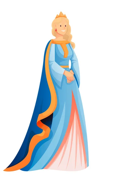 Medeltida prinsessa i klänning och krona karaktär. Kunglig kvinna i medeltiden vektor illustration. Historisk person i kostym med händerna tillsammans isolerad på vit bakgrund — Stock vektor