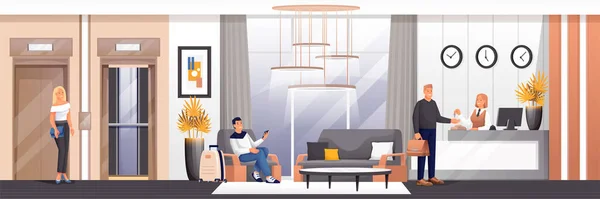 Personas en el vestíbulo del hotel y la escena de recepción. Recepcionista trabajando en el escritorio, hombre en sillón, mujer esperando la ilustración vector ascensor. Salón para invitados diseño de interiores, panorama horizontal — Vector de stock