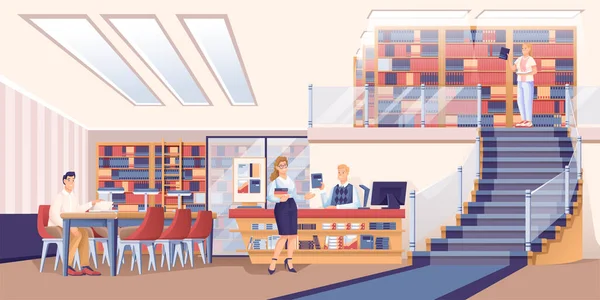 Könyvtári jelenet. Könyvtáros az asztalnál, férfi az asztalnál, nő könyveket visz, férfi választ a könyvespolc vektor illusztráció közül. Modern szoba belsőépítészet, vízszintes panoráma — Stock Vector