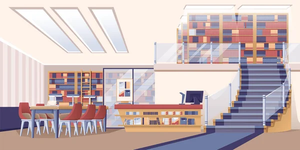 図書館のインテリアデザインの背景。本棚、テーブル、椅子、コンピュータとカウンター、はしごベクトルイラスト付きの部屋。モダンなカラフルな家具室内、水平パノラマ — ストックベクタ