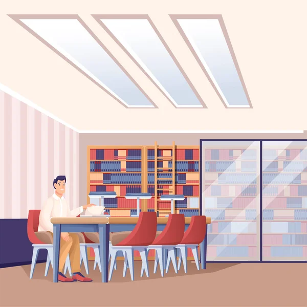 Kütüphane sahnesindeki adam. Lambanın altında kitaplarla masada oturan genç adam çalışıyor ya da vektör çizimleri okuyor. Masalı, sandalyeli, merdivenli kitaplıklı modern oda iç tasarımı. — Stok Vektör