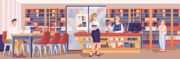 People at library scene. Librarian working at desk, man at table, woman taking books, guy choosing from bookcase vector illustration. Modern room interior design, horizontal panorama — Stock Vector