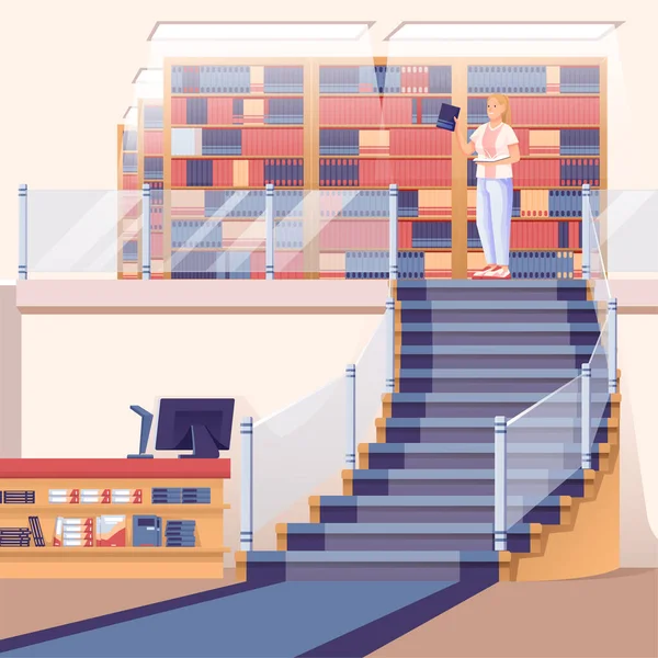 Femme avec livre sur la scène de la bibliothèque. Jeune fille prenant des livres de bibliothèque étagère illustration vectorielle. Design intérieur de la chambre moderne avec escalier avec tapis, ordinateur sur bureau — Image vectorielle