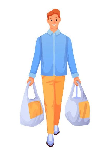 Man walking with grocery bags in hands. Young happy guy with food from supermarket holding in arms vector illustration. Smiling male with products isolated on white background — Stock Vector