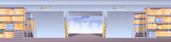 Дизайн интерьера склада. Хранение горизонтальной панорамы ангара с коробками и поддонами на полках рядами и векторной иллюстрацией входных дверей. Товары на складе в упаковке — стоковый вектор