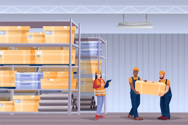 People working in warehouse. Delivery workers in storage hangar interior design panorama. Men carrying box, woman conducting logistics vector illustration. Goods in stockroom in packages — Stock Vector