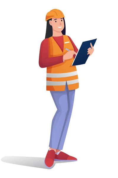 Žena pracující ve stavebnictví, píšící perem na papír. Mladá šťastná dívka v uniformě a bezpečnostní klobouk koordinující pracovní vektorové ilustrace. Žena stojící na bílém pozadí — Stockový vektor