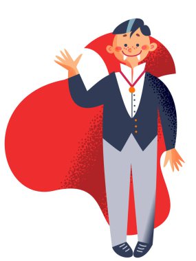Cadılar Bayramı partisindeki vampir çocuk karakteri, komik suratlı ve dişli mutlu çocuk.