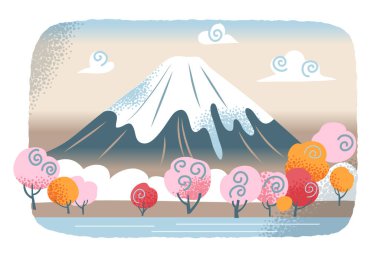 Japonya 'da Fuji Dağı ve sakura çiçeği, Japon sembolü, sevimli dağ manzarası