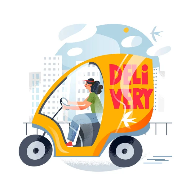Service de livraison rapide, femme courrier équitation scooter cabine électrique pour livrer la boîte de commande — Image vectorielle