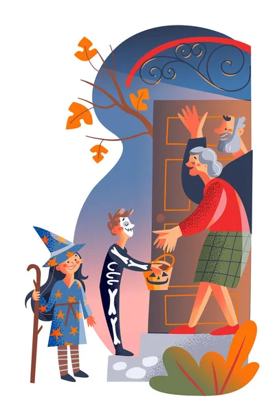 Enfants en costumes de monstres effrayants avec Halloween traiter, sorcière, enfants squelette fantôme — Image vectorielle