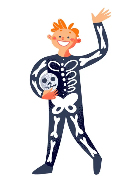 Хэллоуин партии и скелет ребенка характер, милый мальчик в костюме монстра с костями — стоковый вектор