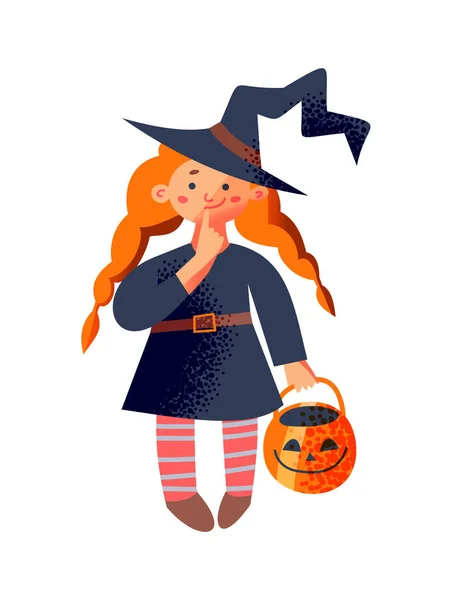 Halloween strega bambino personaggio, ragazza carina in cappello da strega con i capelli rossi che tengono zucca spaventosa — Vettoriale Stock