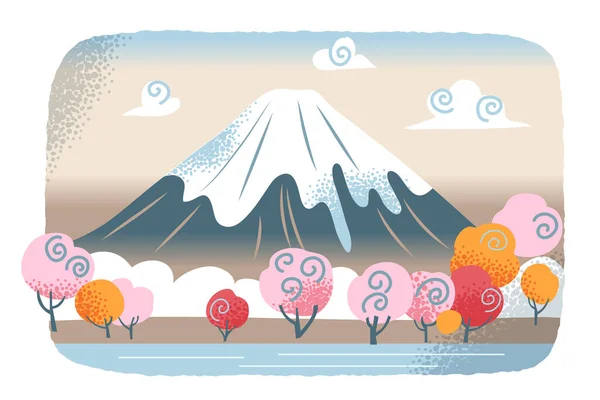 Όρος Fuji και άνθος sakura στην Ιαπωνία, ιαπωνικό σύμβολο, χαριτωμένο ορεινό τοπίο — Διανυσματικό Αρχείο