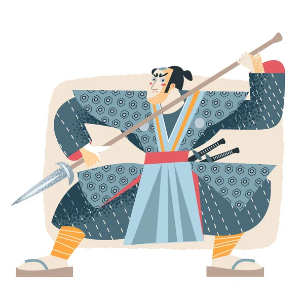 Guerrier samouraï japonais, symbole de la culture japonaise, homme avec masque et arme traditionnels — Image vectorielle