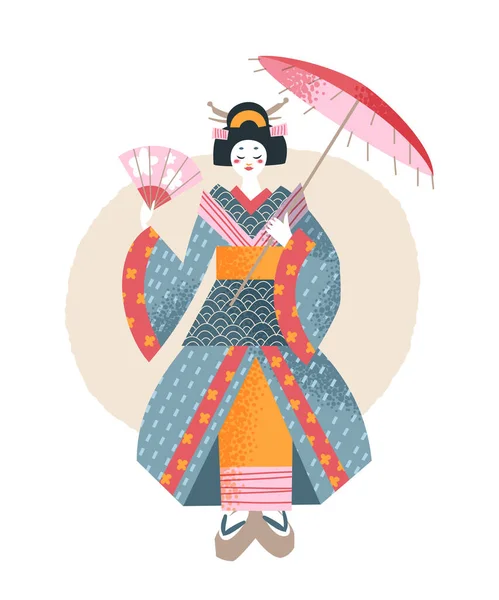 Ιαπωνική κοπέλα σε παραδοσιακό κιμονό, σύμβολο της Ιαπωνίας, χαριτωμένο γυναίκα κρατώντας ομπρέλα και ανεμιστήρα — Διανυσματικό Αρχείο