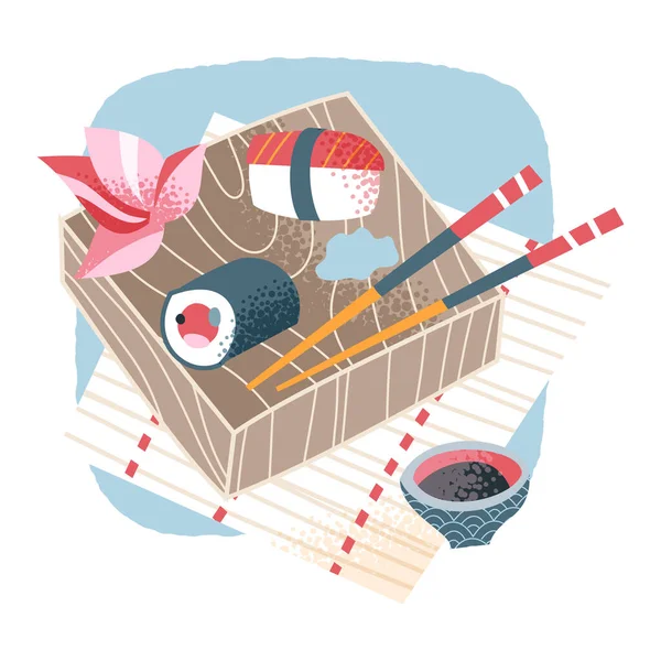 Sushi japonês, cozinha tradicional do Japão, caixa de comida e pauzinhos, menu de restaurante asiático —  Vetores de Stock
