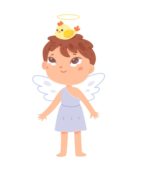 Niño lindo ángel bebé, niño pequeño con traje de ángel con la corona de pollo pájaro en la cabeza — Vector de stock