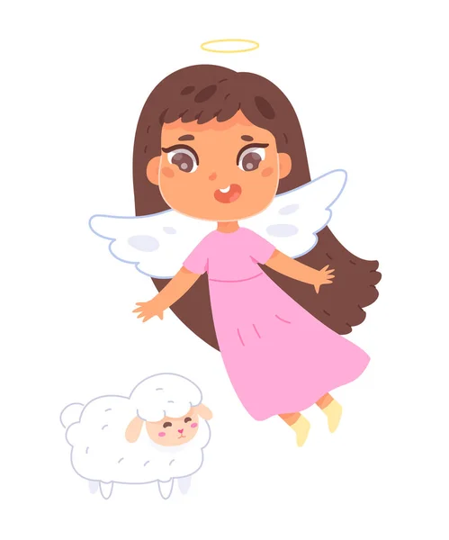 Bonito bebê anjo voador com vestido, asas e nimbo voando no céu e ovelhas engraçadas — Vetor de Stock