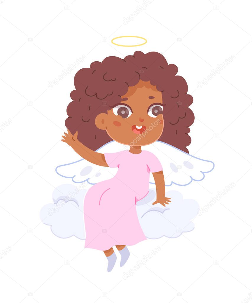 Angel cute baby sitting on sky cloud, little girl cherub character flying in heaven