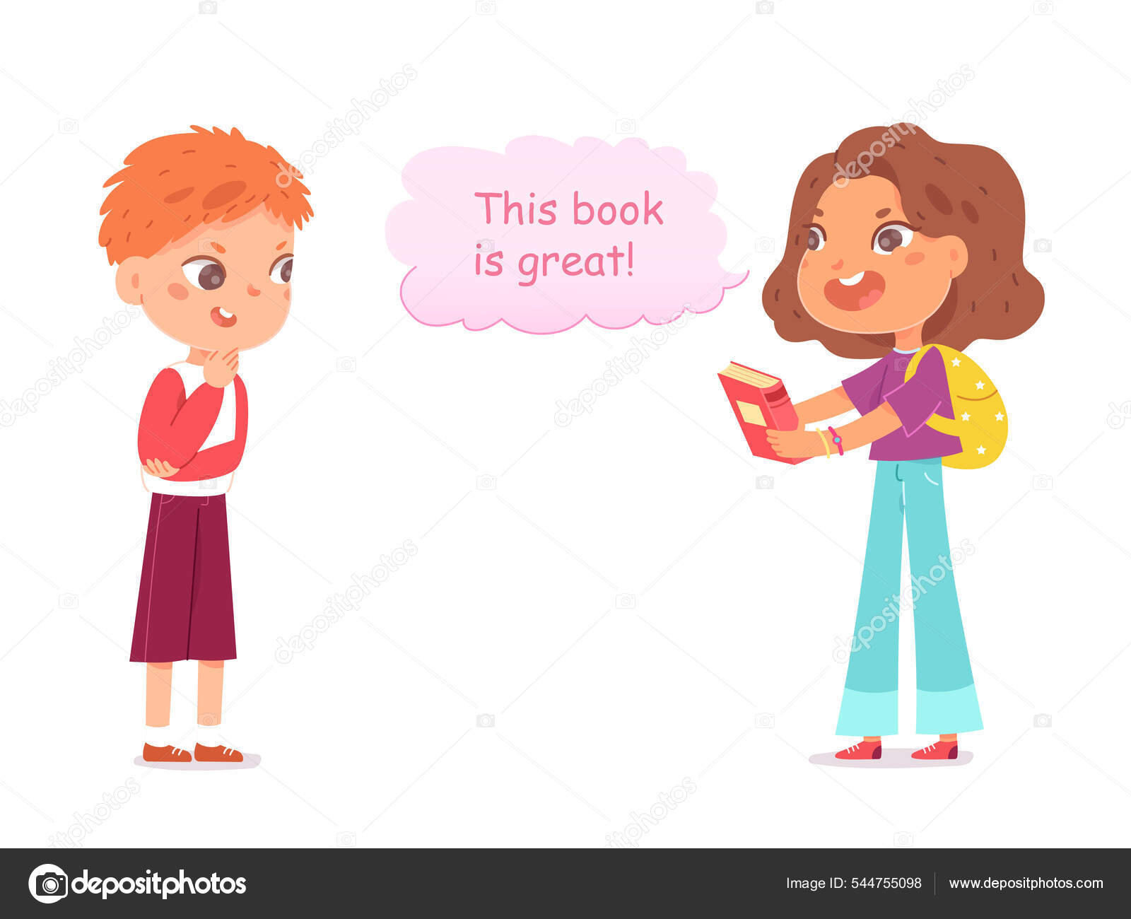 Bonito crianças falar, diálogo sobre livro, estudante menina segurando  livro para estudar, falando com o menino Vetor de ©ClassicVector 544755098, image size:1600x1300